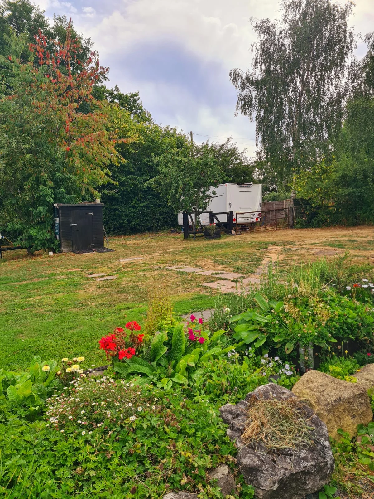 Flower border looking across a campsite pitch at Glanfar
