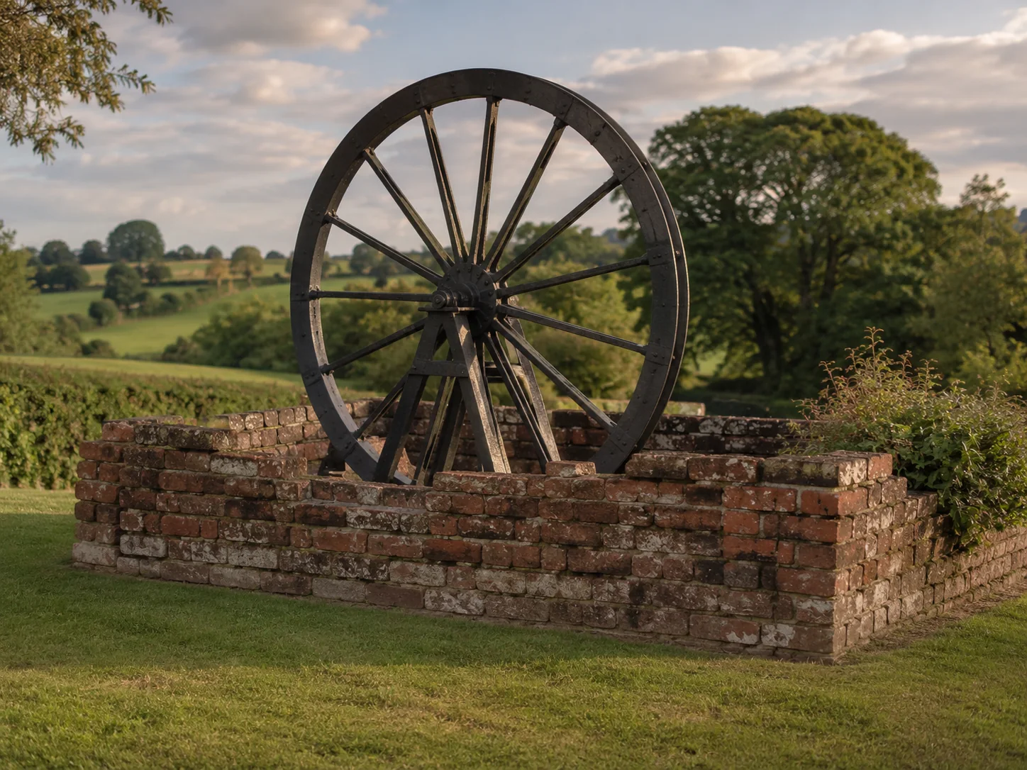 A colliery winding wheel beside old brickwork and Staffordshire countryside
