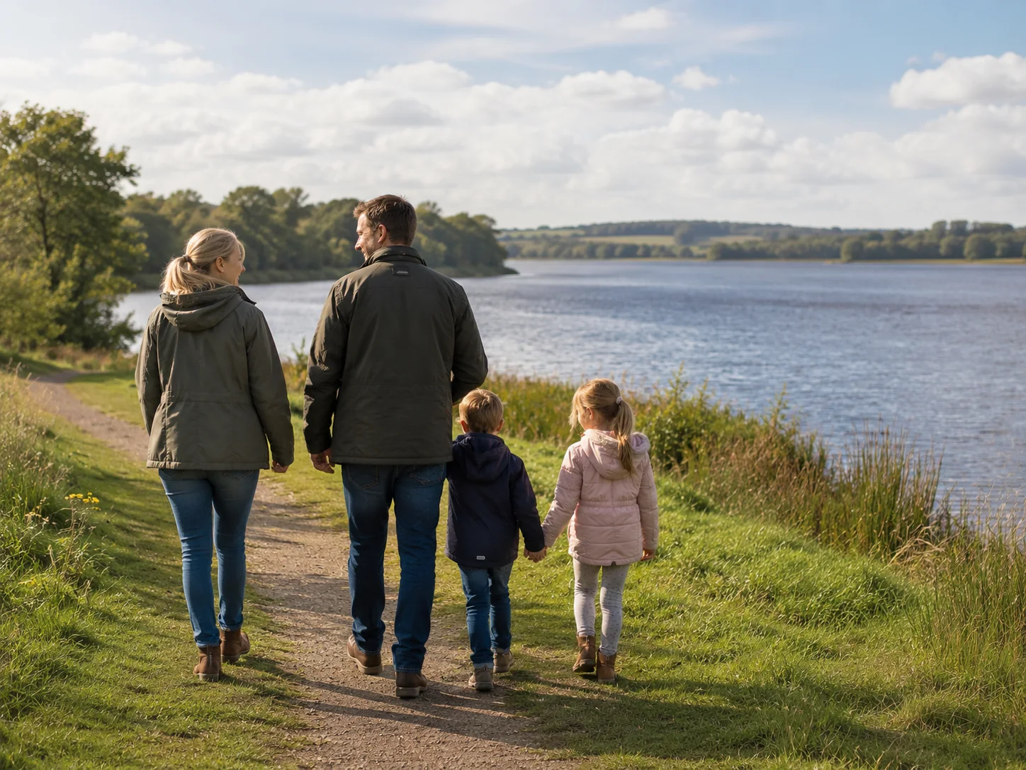 A family walking beside Chasewater