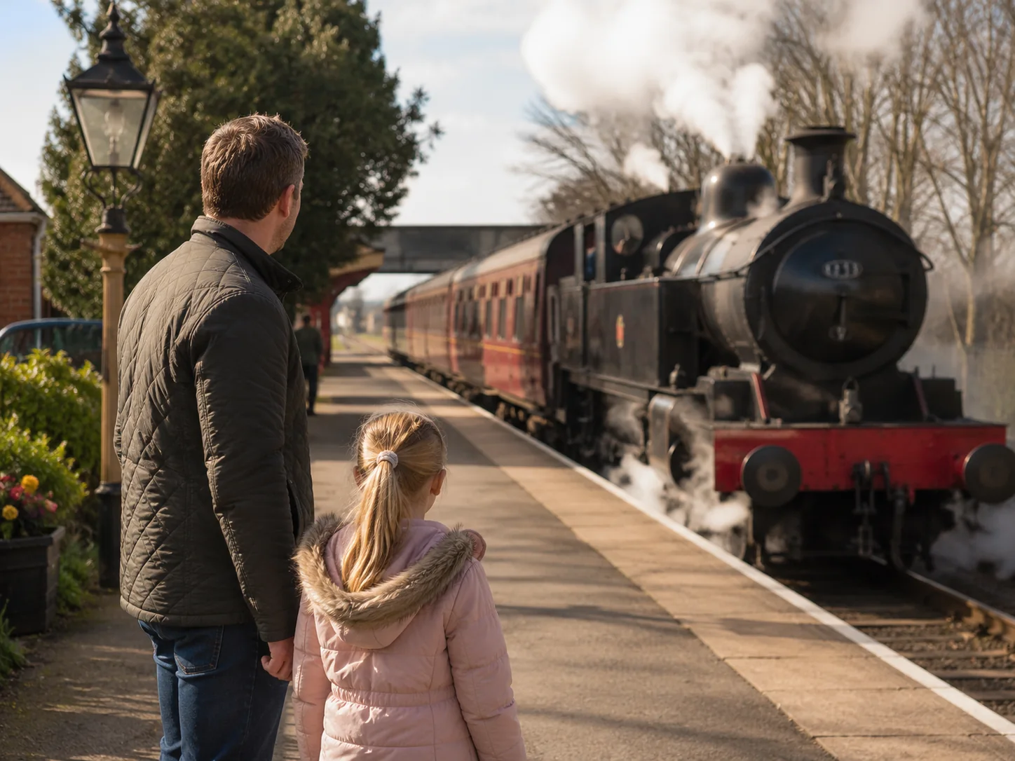 A family watching a heritage steam train