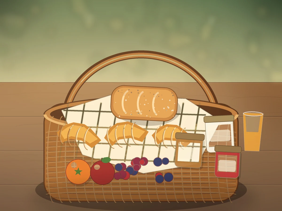 Illustrated continental breakfast basket with bread, croissants, yoghurt, granola, fruit, preserves and juice