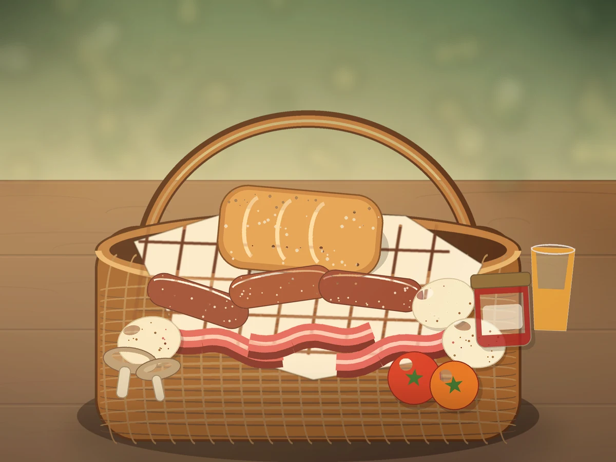 Illustrated Glanfar farmhouse breakfast basket with bread, eggs, sausages, bacon, tomatoes and mushrooms