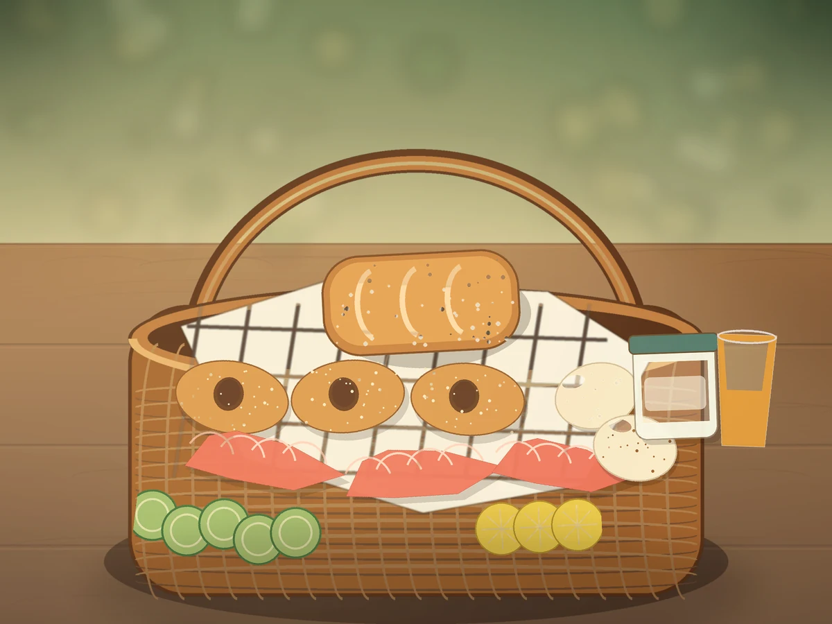 Illustrated smoked salmon breakfast basket with bagels, eggs, cream cheese, cucumber, lemon and juice