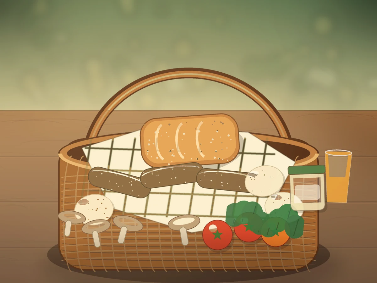 Illustrated vegetarian breakfast basket with bread, eggs, vegetarian sausages, tomatoes, mushrooms and greens