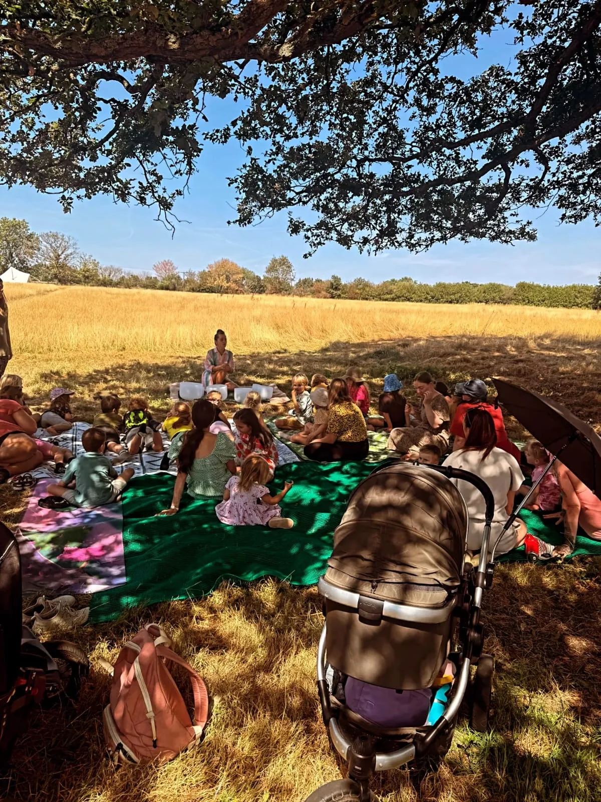 Group gathered for an outdoor sound session beneath a tree