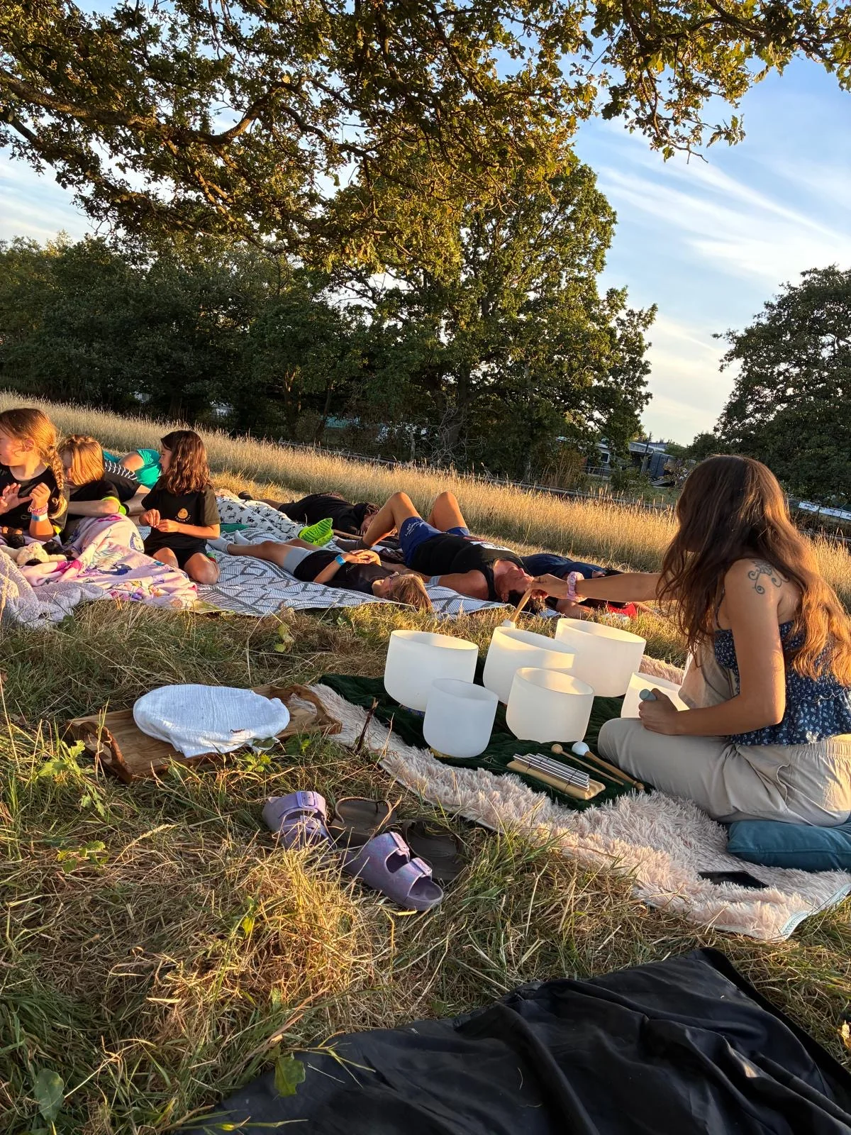 Singing bowls beside people resting in the meadow